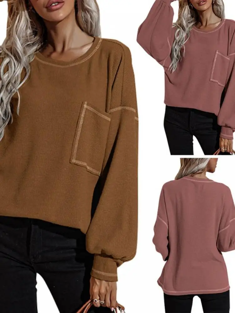 

Autumn And Winter New Ladies Round Neck Solid Color Long-Sleeved T-Shirt Loose Pocket Regular Bat Sleeve Autumn Sweater