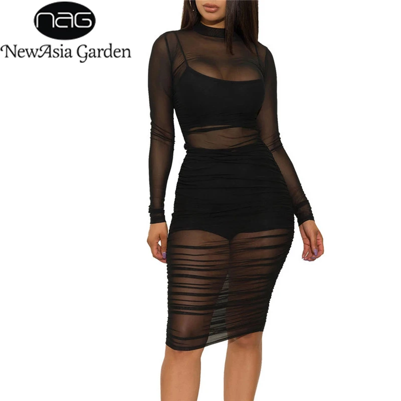 Женское Сетчатое платье NewAsia черное карандаш с длинным рукавом и круглым вырезом