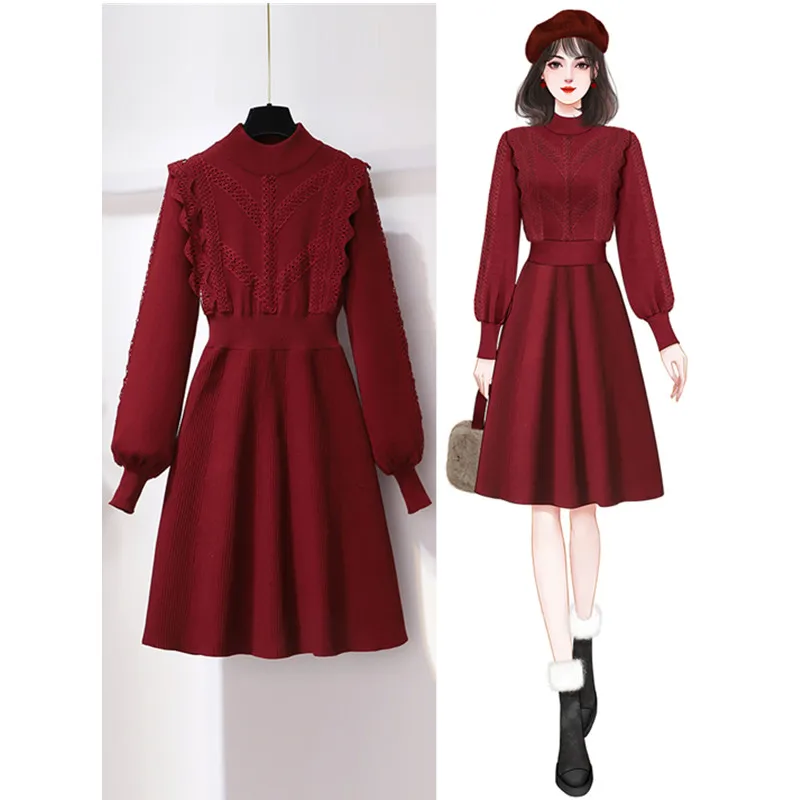 Фото Autumn Winter Slim Waist Lantern Long Sleeve Elegant Women's Dress Lace Patchwork Knitted Mini Dresses Vestidos платье женское №5