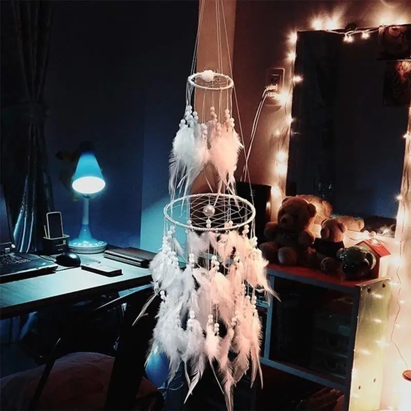 

Dream Catcher with Feather Pearl Hand Made Double Circle Wall Hanging Dreamcatcher for Kids Bedroom Baby Tent Decoration
