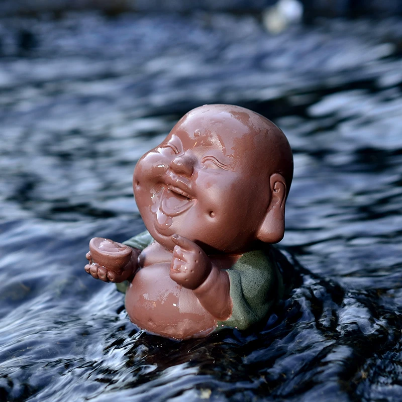 

Happy Buddha laugh smiling buddha small size porcelain purple clay tea pet geyao craft crackle glaze tea play on sales