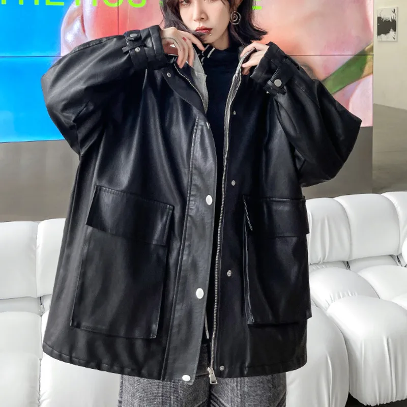 

XUXI Women Hooded PU Splicing Coat, Streetwear Long Sleeve Zipper Cardigan, Fake-Two Quilted Thickening Coat, Winter 2021, E4295