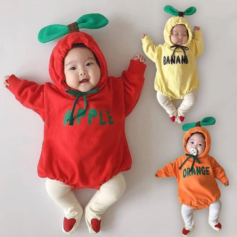 

Baby Long Sleeve Hooded Outfits Bodysuit Infant Baby Boy Girl Newborn Fruit Romper Cute One Piece Banana Apple Orange Jumpsuit