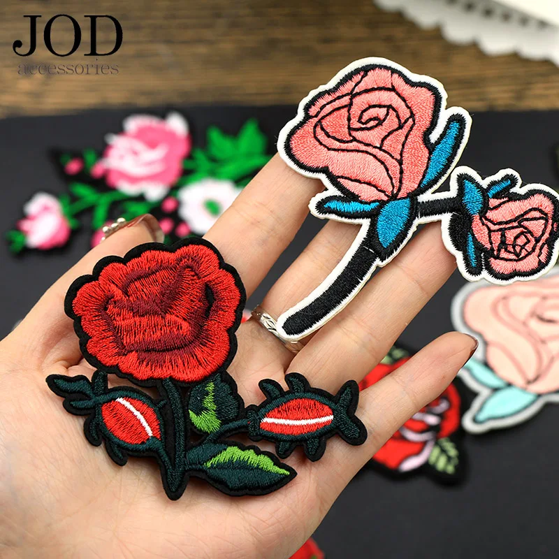 Вышитая красная Цветочная нашивка аппликация роза железные нашивки для одежды