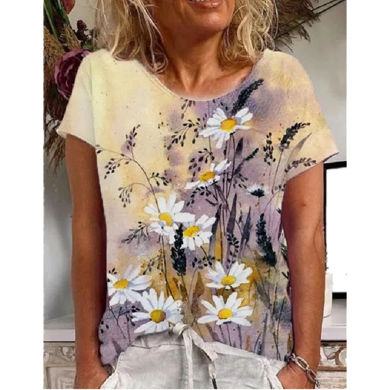 

2021 New Summer Age Reduction Hedging Loose Print Urban Casual Round Neck Large Size Short-Sleeved Women's T-Shirt