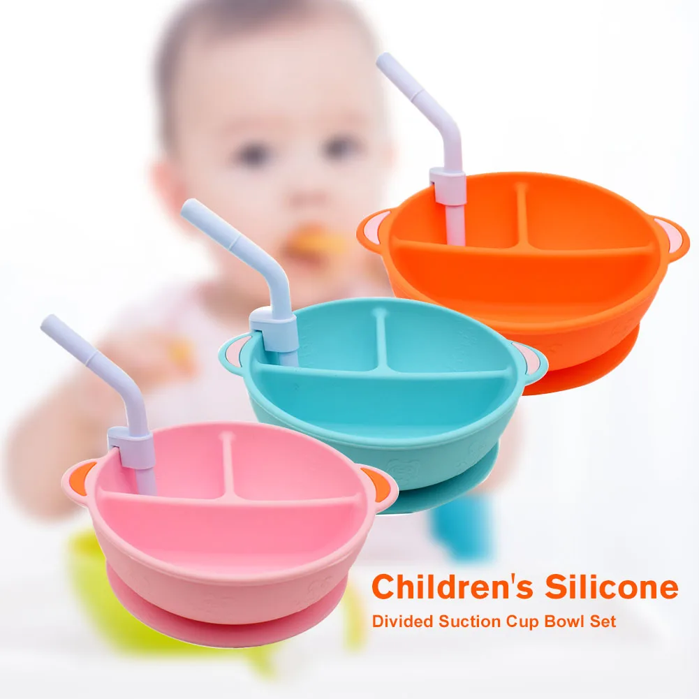 

With Straw Tableware Dinner Non Slip Suction Toddler Baby Bowl Soft Silicone Portable Plate 3 Compartments Food Dish Safe