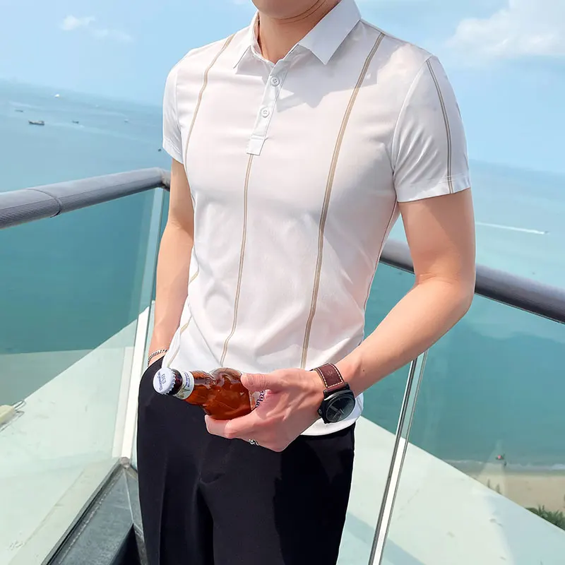 

Men's Cotton Breathable Lapel Short Sleeve POLO Shirt Summer Fashion Brand High-end Slim Pullover Striped Polo T-Shirt tops mens