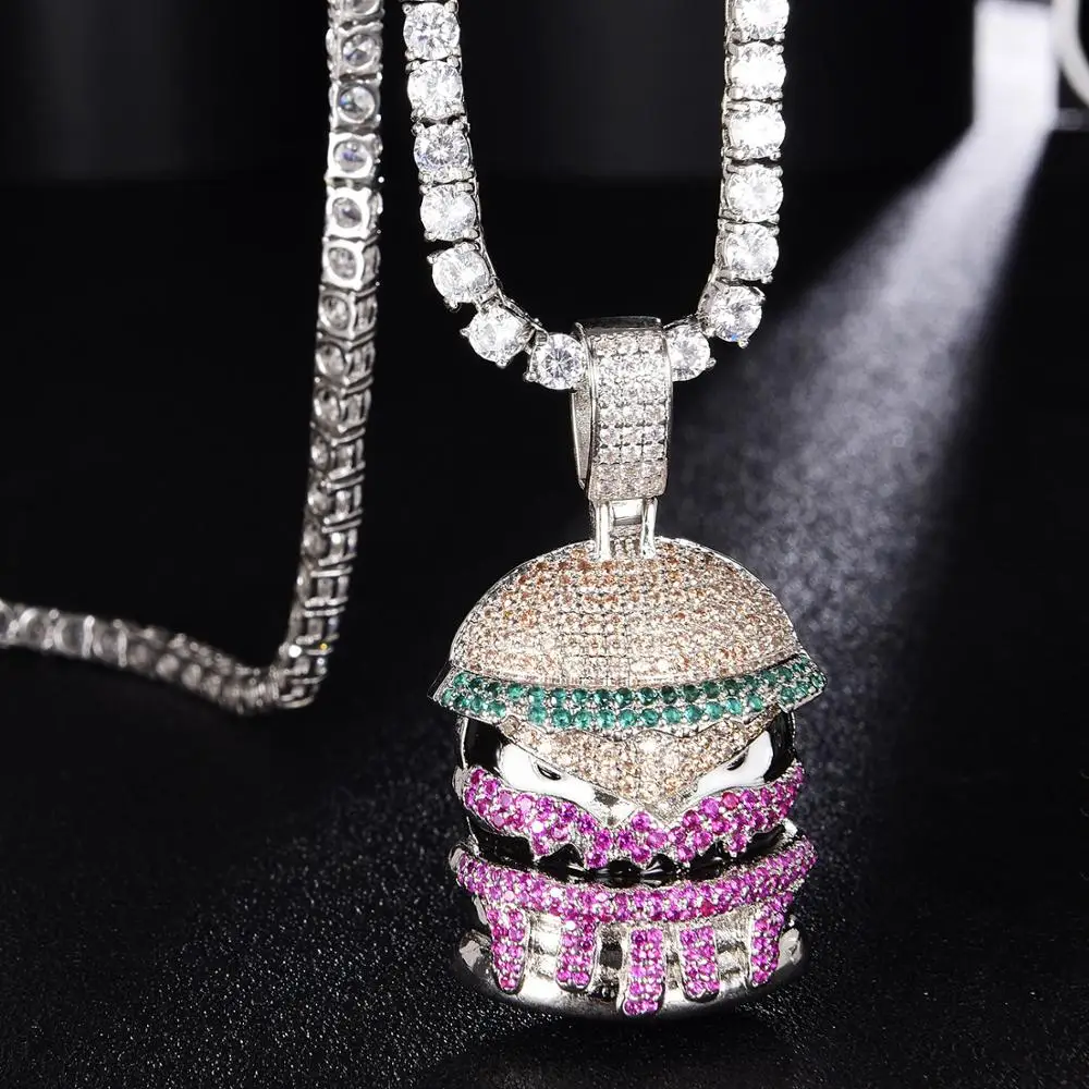 

Men/Women Hip hop iced out bling Hamburger Pendant Necklaces High quality AAA Zircon fashion Hiphop necklace charm jewelry gifts
