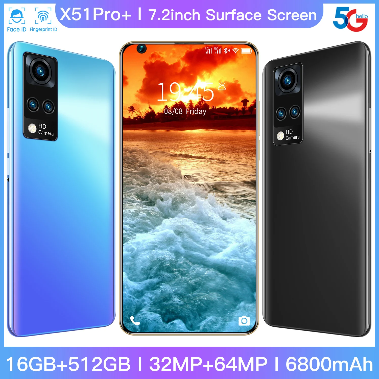 

Global Version X51PRO+ 7.2 Inch Smartphone HD Full Screen 32MP+64MP Camera 16GB+512GB 6800mAh Big Battery Android Cell Phone