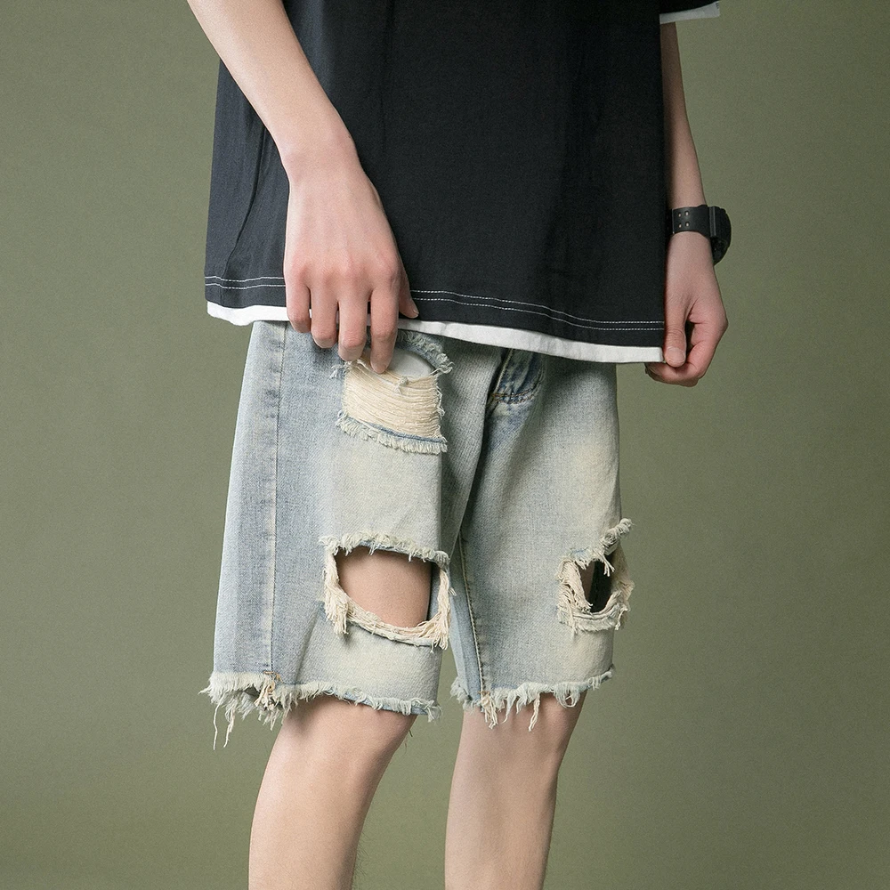 

Summer Ripped Hole Shorts Jeans Men Black/Blue Denim Pants Stretch Fashion Streetwear Men's Jeans Straight Short Jeans Hombre