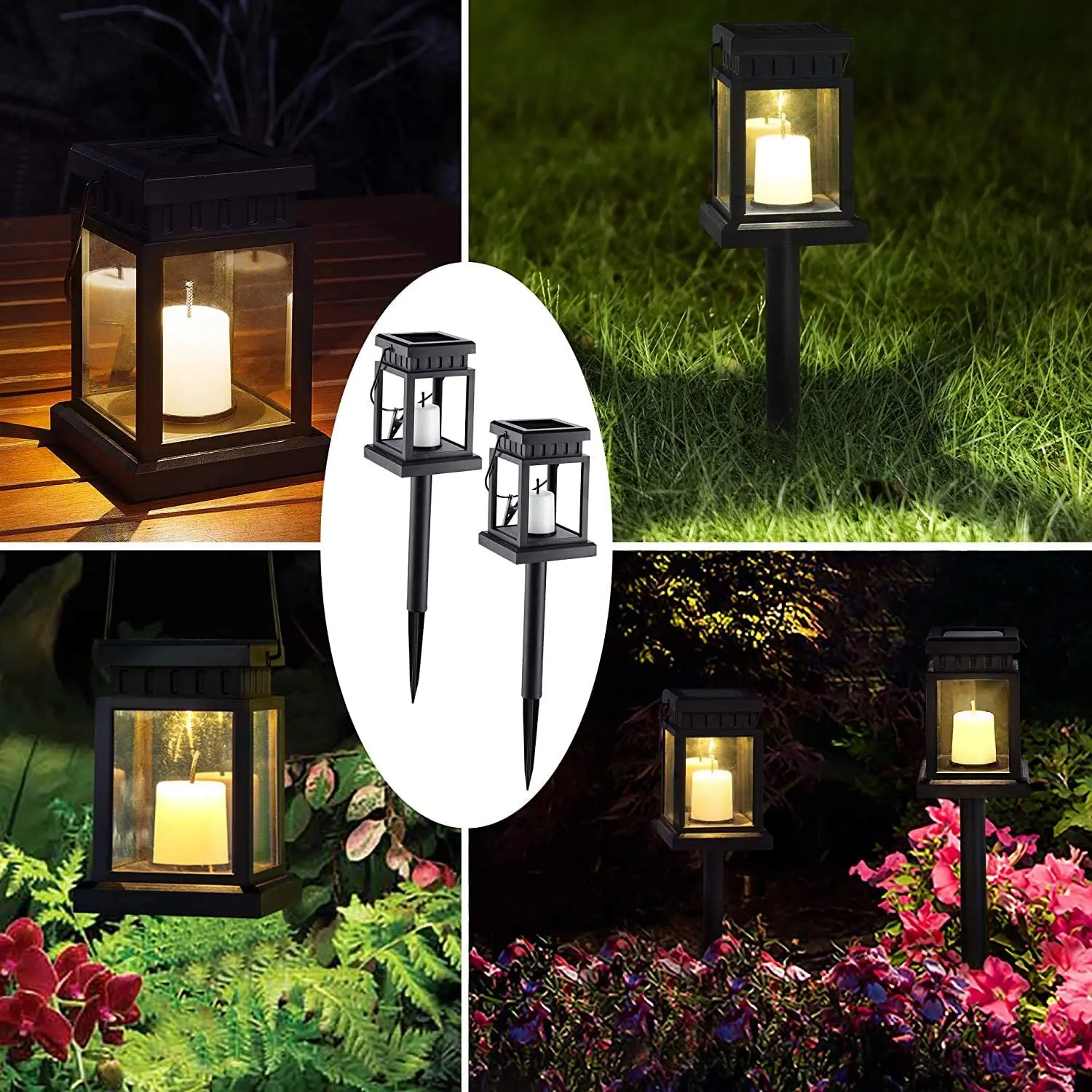 6Pack Solar Hanging Lanterns Outdoor Candle Effect Light with Stake for Garden Patio Lawn Deck Umbrella Tent Tree Yard images - 6