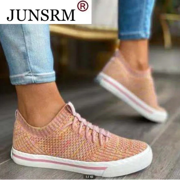 

2021 Summer Round Toe Knitted Sneakers Women Casual Plus Size 43 Flats Womens Shoes Slip-On Platform Shoes Zapatos De Mujer
