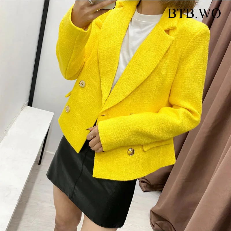 

BTB.WO Za Women Elegant Long Sleeve Texture Casual Cropped Blazer Coat Lady Double Breasted Suits Female Chic Buttons Tops