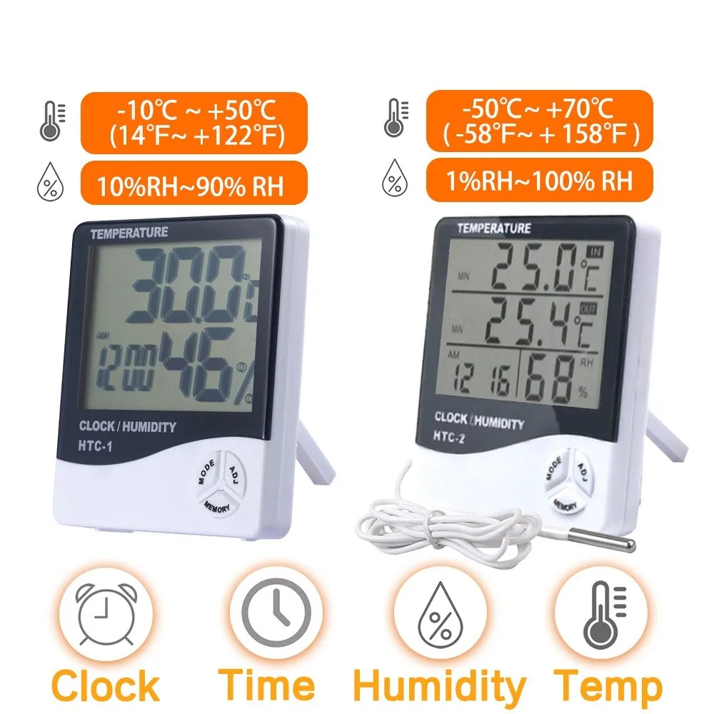 

LCD Electronic Digital Temperature Humidity Meter Thermometer Hygrometer Indoor Outdoor Weather Station Clock HTC-1 HTC-2