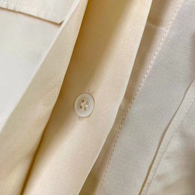 

100% Silk Women's Solid Color Shirt Double Pockets Long Sleeve Turn-down Collar Loose Single Breasted 2020 New Blouse