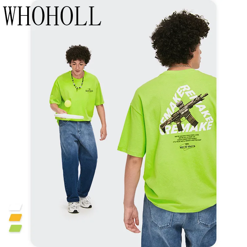 

WHOHOLL T-shirts Men's Wear Summer 2021 Reflective Triangle Letters Print Loose Drop Shoulder Man Women Couples Sleeve T-shirt