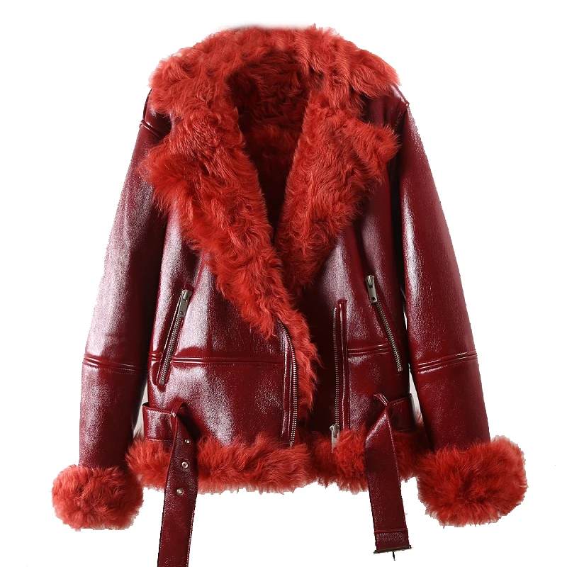 Женская парка из натурального меха ягненка красная короткая Толстая куртка