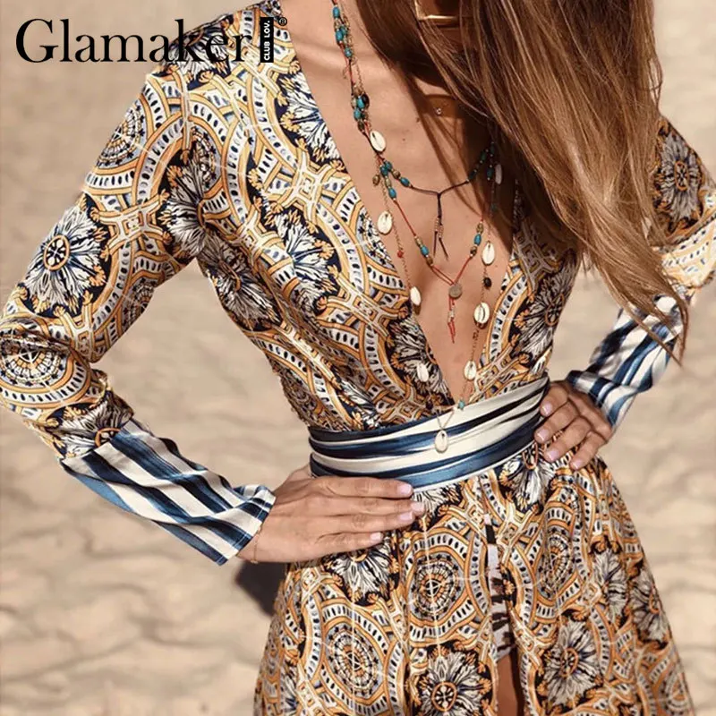 Женское винтажное платье-туника Glamaker пляжное макси-платье для отдыха с v-образным