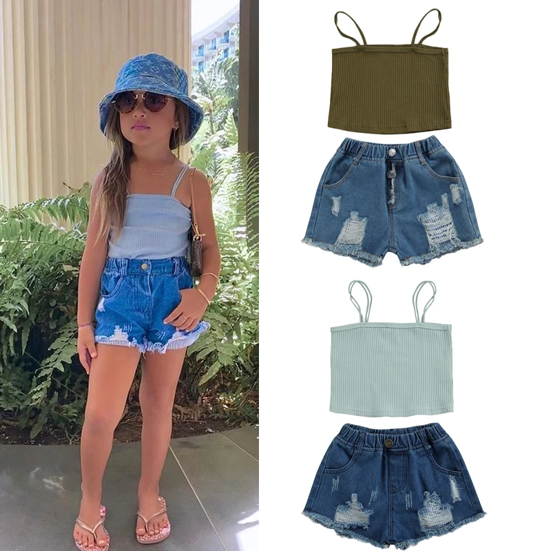 

2021-04-15 Lioraitiin 2-7Years Toddler Girls 2Pcs Summer Outfits Sleeveless Rib Knit Strap Tops + Ripped Denim Shorts Set