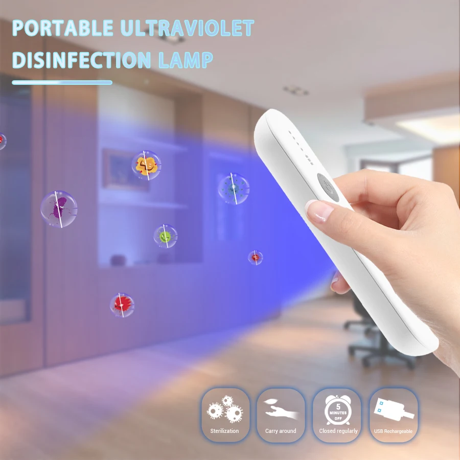 Портативная светодиодная УФ-стерилизационная лампа с УФ-дезинфекцией для дома, офиса и путешествий, заряжаемая через USB и с палочкой UVC.