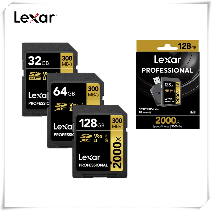 100% Original Lexar 128GB 64GB SDXC Card U3 32GB SDHC Card 2000X UHS-II 300MB/s High Speed Flash Memory For 3D 4K video Camera