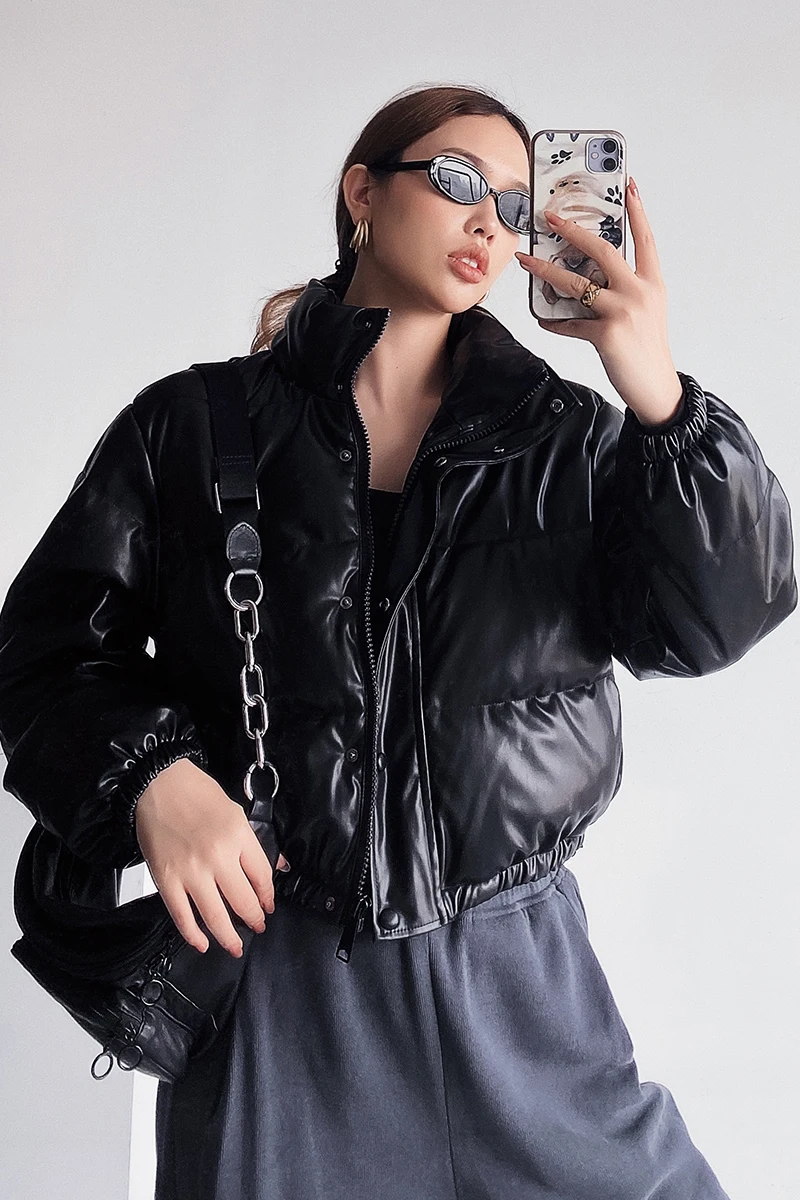 

WOMENGAGA Loose Bf Stand Colla Pu Jacket Women's Short Thick Warm PU Leather Cotton Coat Winter Down Cotton Short Sexy Women 47R