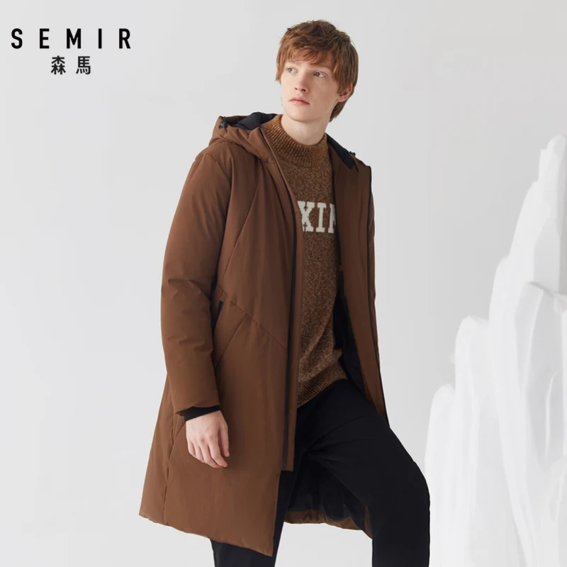 Куртка SEMIR Мужская зимняя на белом утином пуху с капюшоном черная теплая длинная