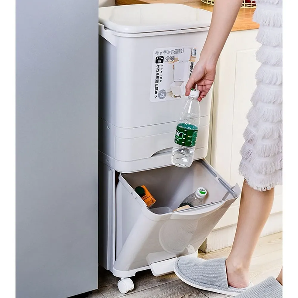 

42L Plastic Large Double Layers Trash Can Kitchen Vertical Waste Sorting Bins Double-deck Wheel Garbage Bag Holder Recyclable
