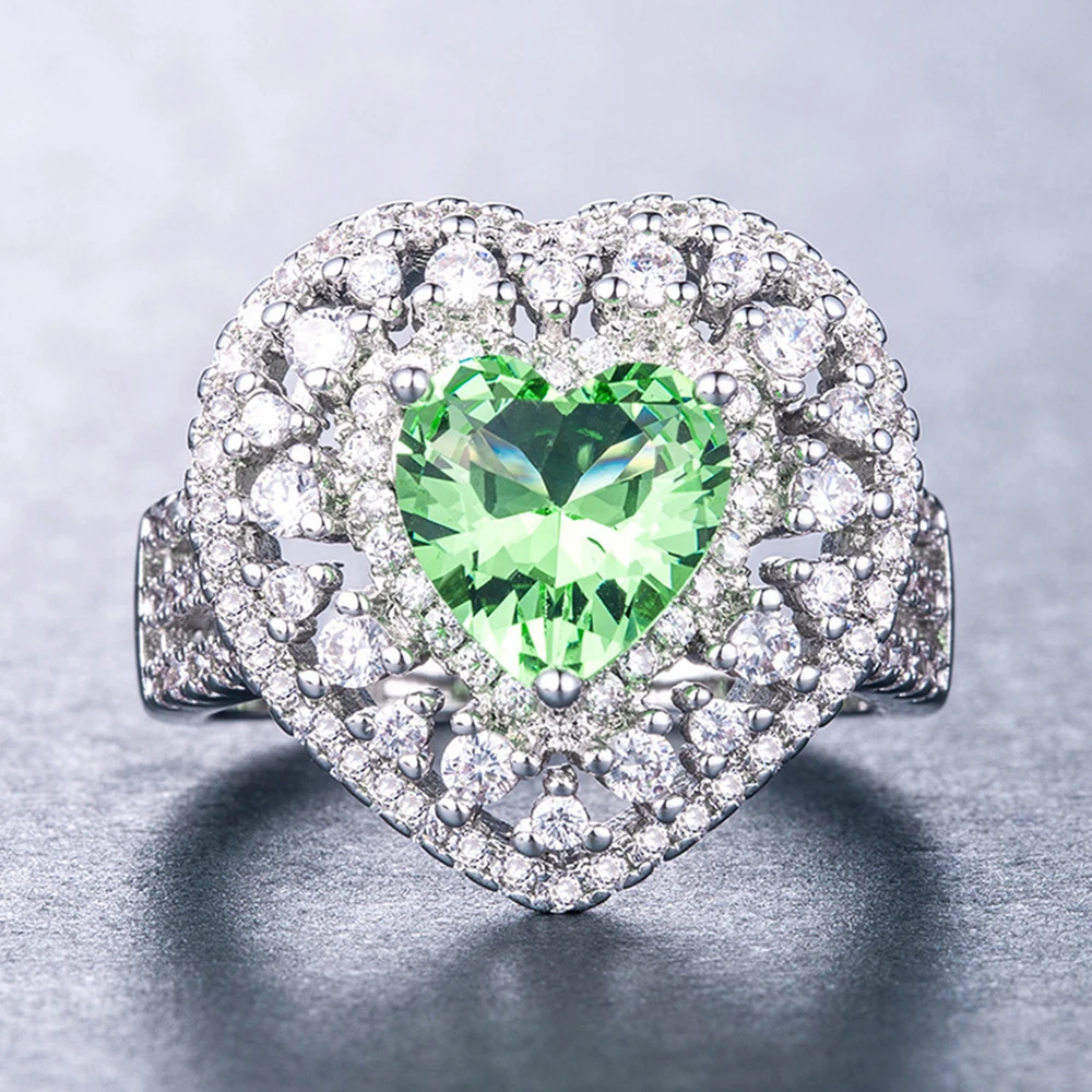 

Ladies Heart Ring Green Zircon Silver Plated Heart Jewelry rings for women Wedding ring engagement ring