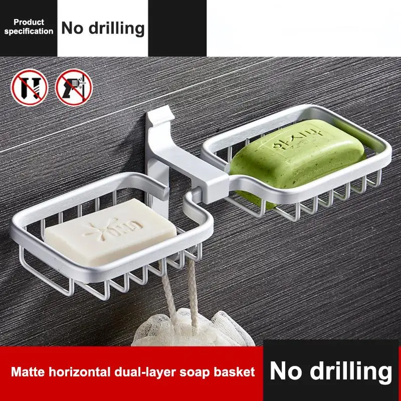 

Wall Mounted Sticky Soap Basket Punch Free Dish Tray Space Aluminum Strong Bearing Holder for Bathroom Kitchen