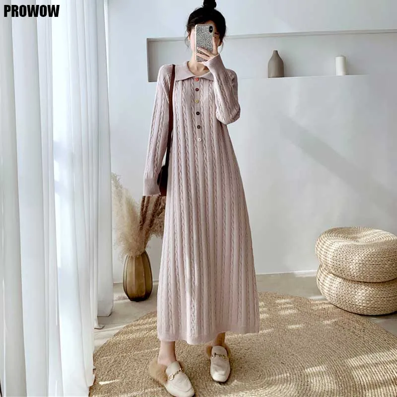 Женское трикотажное платье-свитер осенне-зимнее однобортное Свободное платье с