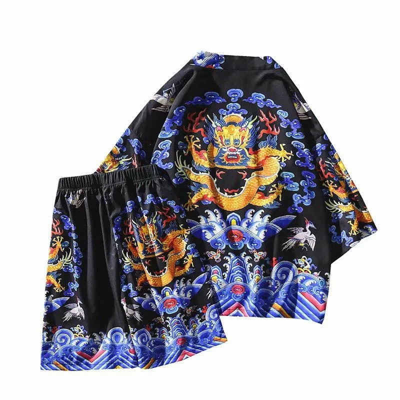 

two piece set Emperor Hanfu short-sleeve mens clothing chinese style Dragon Robe Set mens clothes short Elastic Waist sweatpants