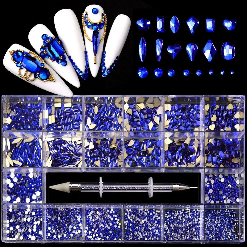 

Nail Diamond Jewelry Glass Nail Crystals Bling Box Blue 21 Grid Nails Rhinestones with Point Drill Pen AB Glass Crystal Diamond