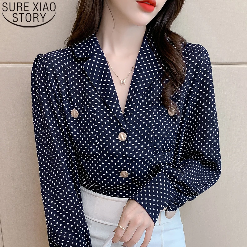 

2022 Autumn Elegant Casual Gentle Shirt Long Sleeve Blouse Office Lady Fashion Polka Dot Chiffon Shirt V-neck Tops Clothes 17162