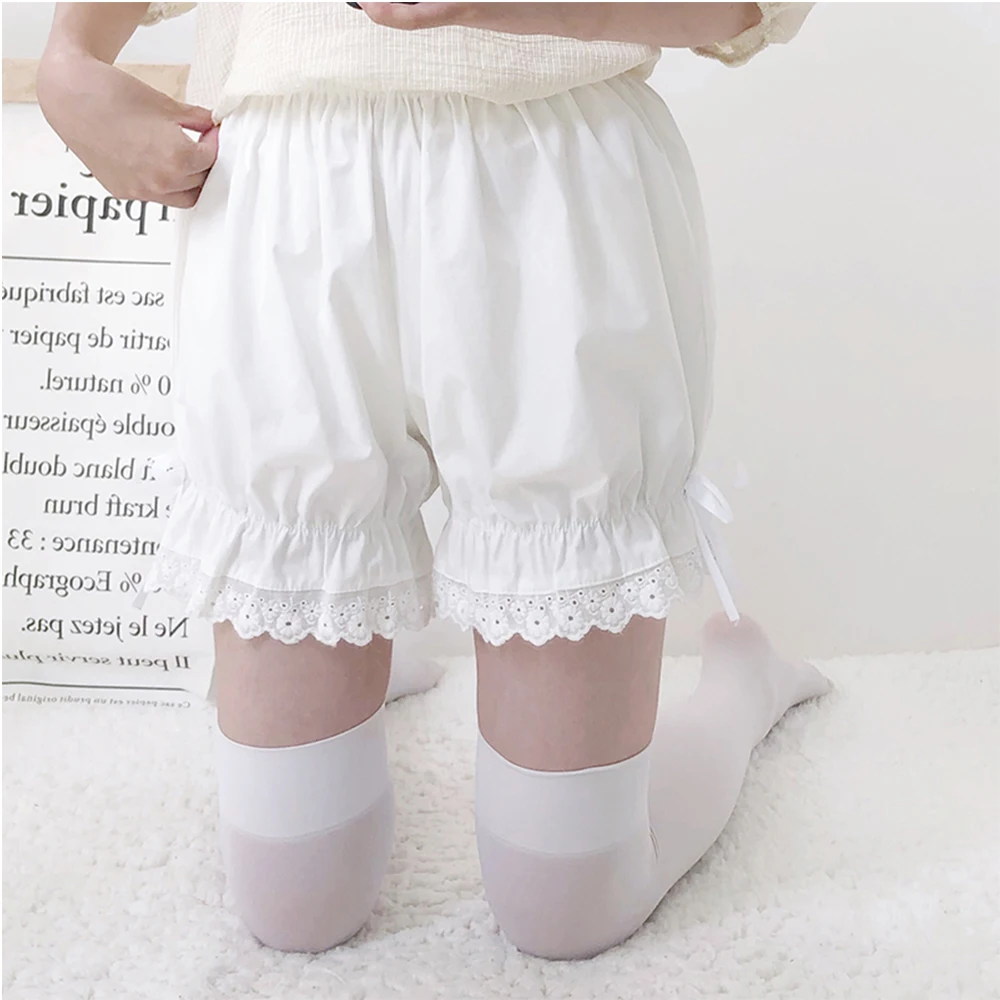 New White Cotton Loilita Bloomers Lace Trim Heart Shape Pocket Bow Ribbon Women Maid Outfit Anime bloomers