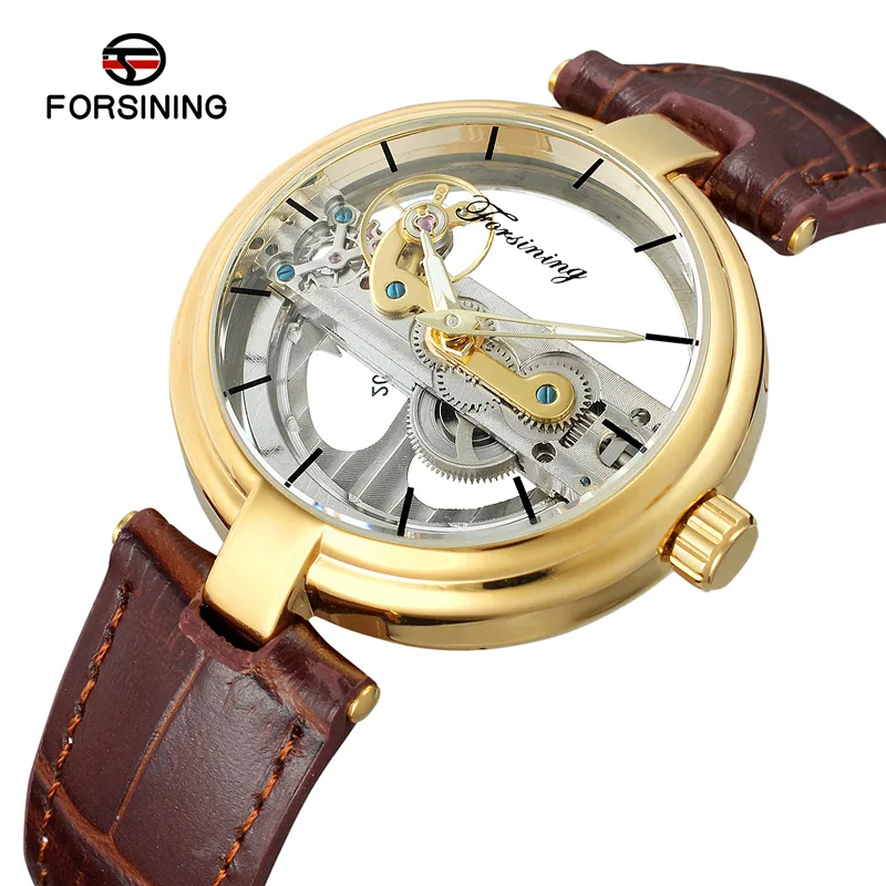 Forsining 2020 дизайн золотой ободок двойные боковые прозрачные скелет кожаный ремень