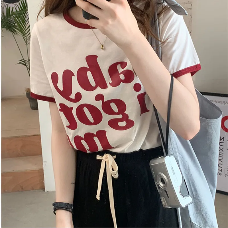 

4colors Korean style Women Basic Tshirts 2021 summer Letter print Slim Short Sleeve T-shirt Woman Summer Casual Tops (X2003)