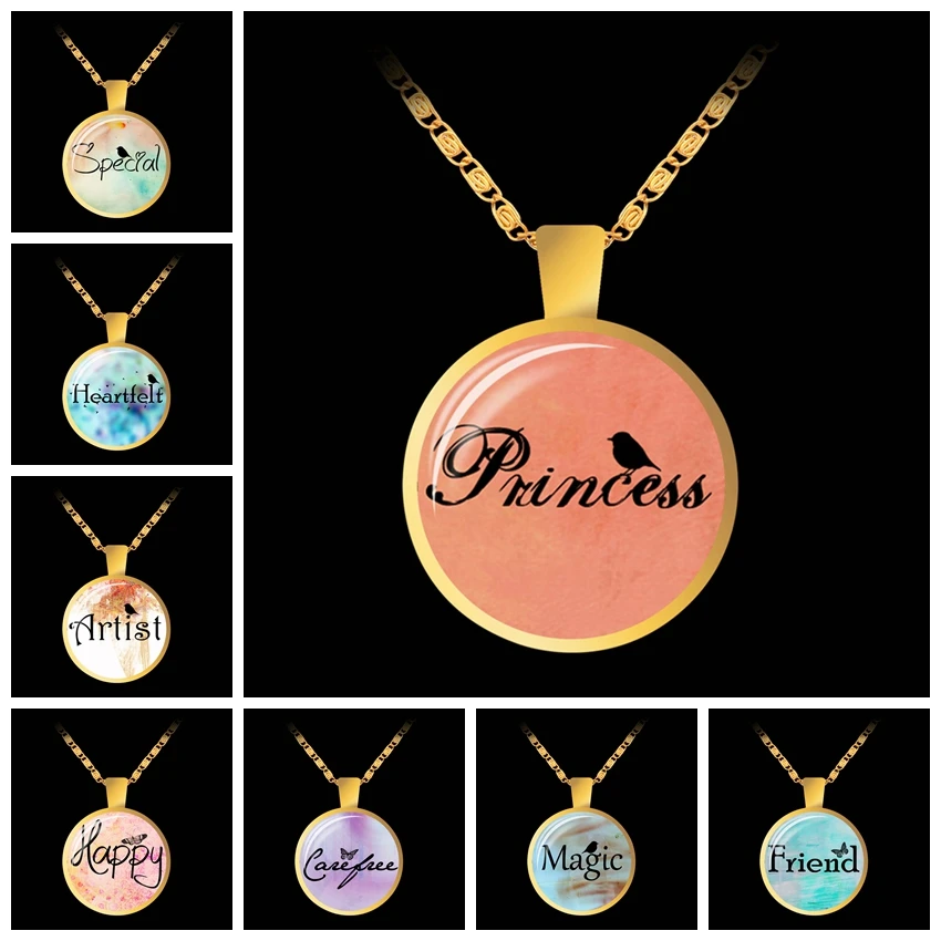 Joyful художника моды Цитата Письмо Золото Цвет Ожерелье стеклянный купол кулон