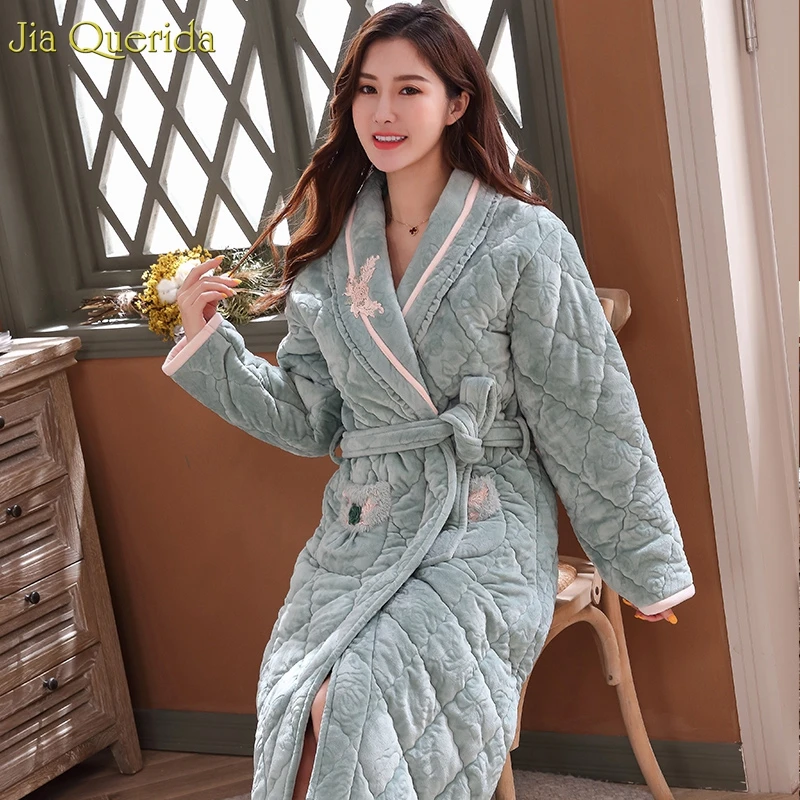 Женский халат из флиса и бархата кимоно зима толстый 3 слоя с подкладкой вышивка