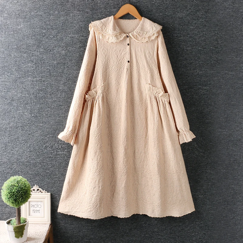 

Женское платье-миди из хлопка и льна, с длинным рукавом