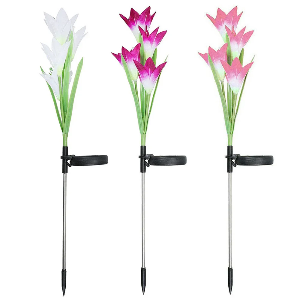저렴한 태양 백합 빛 그라디언트 색상 4LED 지상 플러그 빛 정원 조명 잔디 빛 야외 인공 꽃