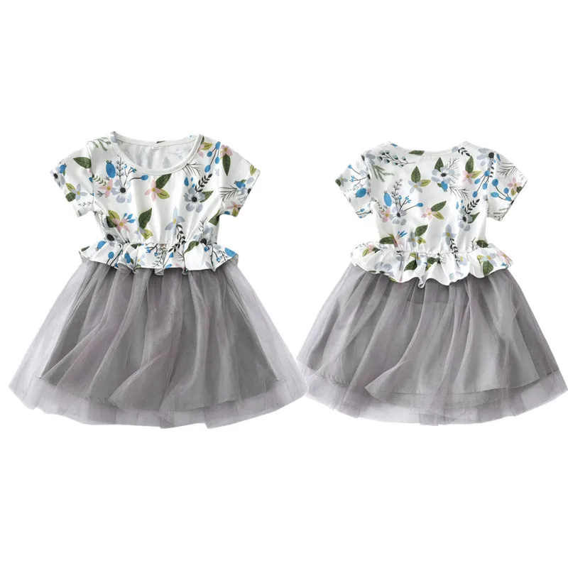 

Girls Floral Grey Mesh Dress Leaf Print Round Neck Ruffle Short Sleeve Stitching Skirt Summer Children Casual Lace Sundress