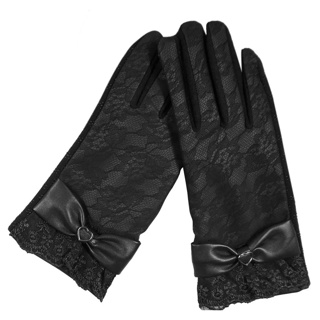Элегантные женские перчатки для вождения с кружевным бантом кожаные зимние