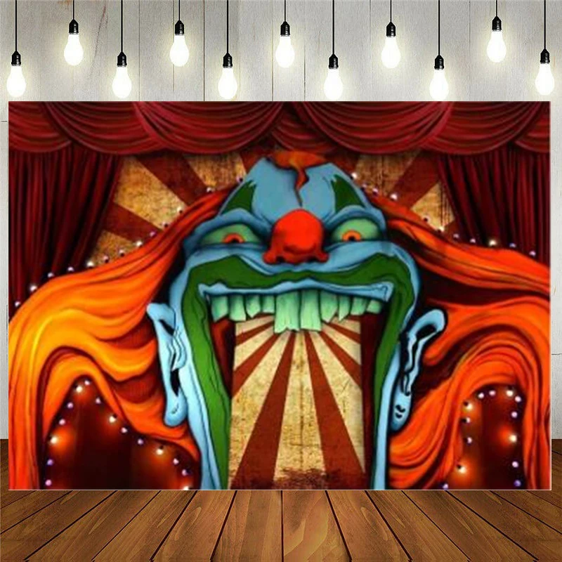 

Horror Circus Theme Halloween Photography Backdrop Giant Evil Clown Birthday Party Background Scary Grove Vampire Decor Banner