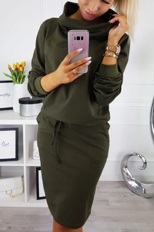 Повседневное зеленое красное свободное женское платье с высоким воротником и