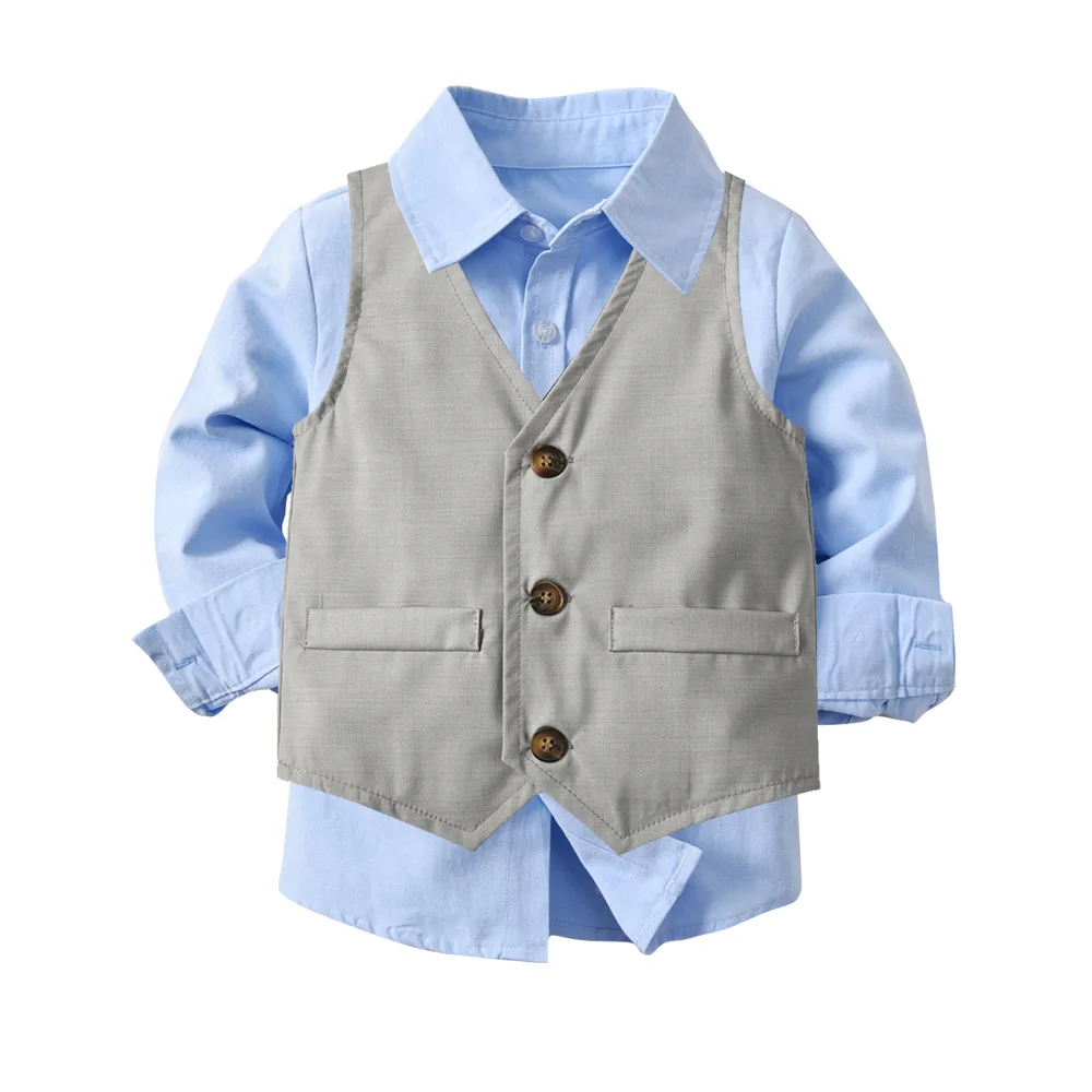 Костюмы для мальчиков на свадьбу, осенний официальный Детский костюм, детская одежда, серый жилет, рубашка, штаны, галстук, комплекты из 4 предметов, одежда для мальчиков, одежда для малышей