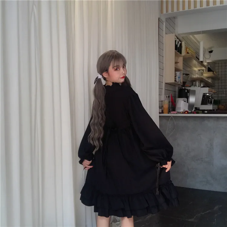 Harajuku готическое Черное женское платье лолиты с кнопки в форме звезд осеннее японское кружевное платье с длинными рукавами и оборками для девочек-подростков