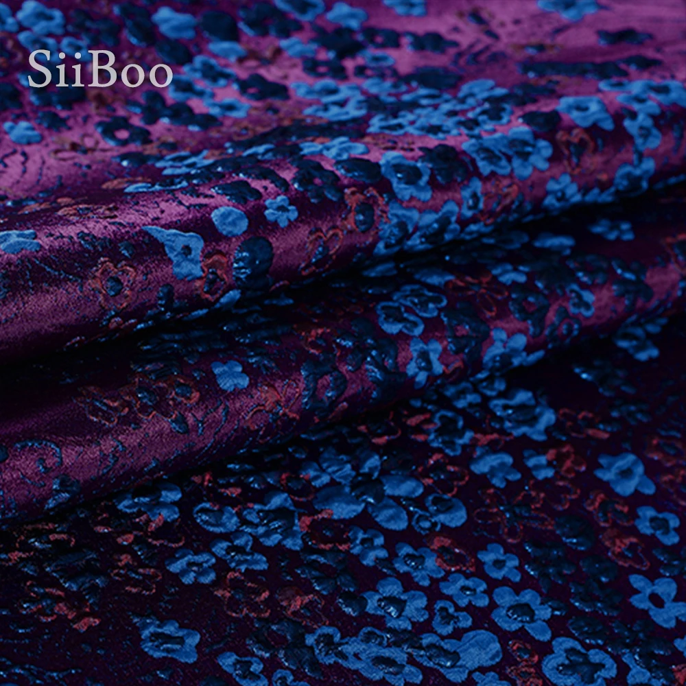 Жаккардовая парчовая ткань для костюма двусторонняя фиолетово-синяя с цветочным