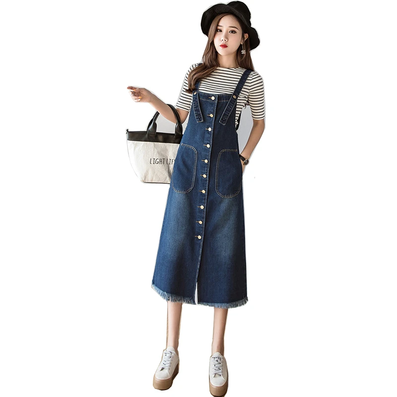 

New denim strap long dress spring & summer mid-length plus size women dress Korean version cotton A-line jeans dresses LYQ129