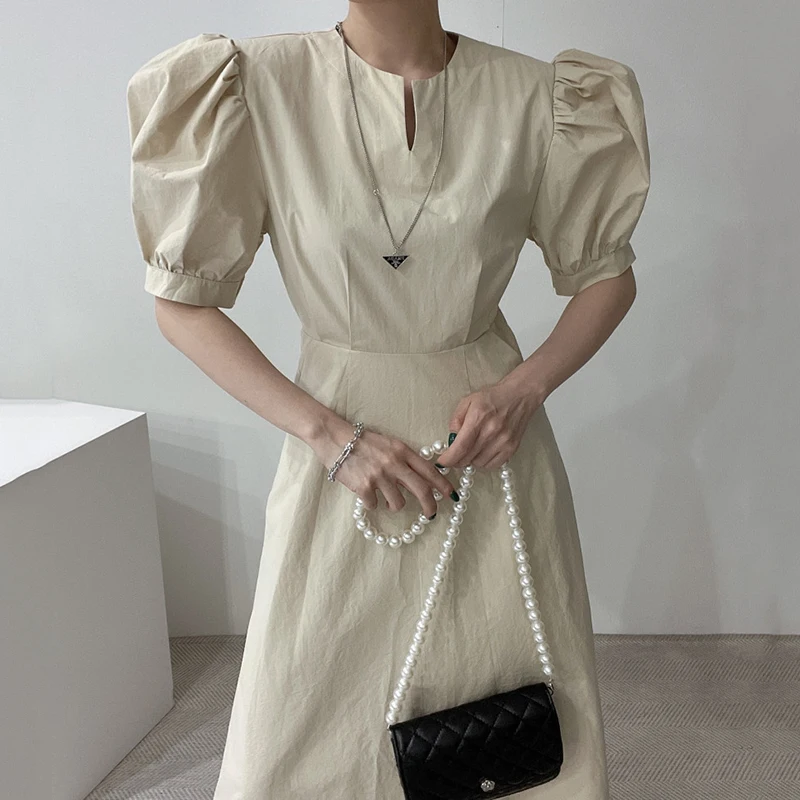 

Korejpaa Women Dress 2021 Summer Korean Fashion Chic Simple Commue Solid O Neck Hollow Design Waist Lantern Sleeve Long Vestidos